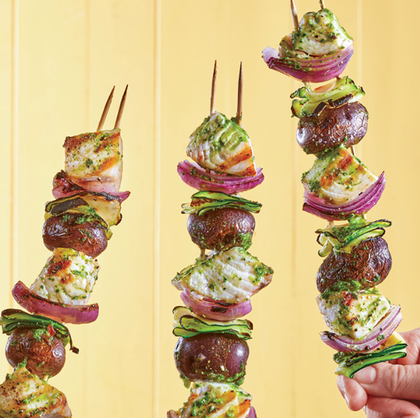 Swordfish kebabs with garlic parsley sauce