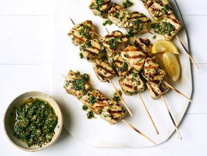 Swordfish kebabs with mint pesto
