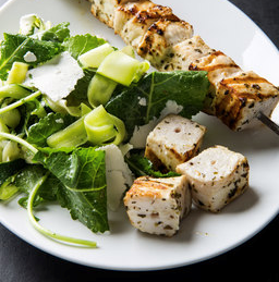 Swordfish kebabs with zucchini ribbon salad