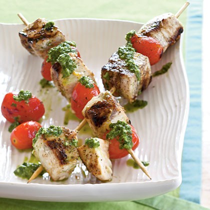 Swordfish skewers with cilantro-mint pesto