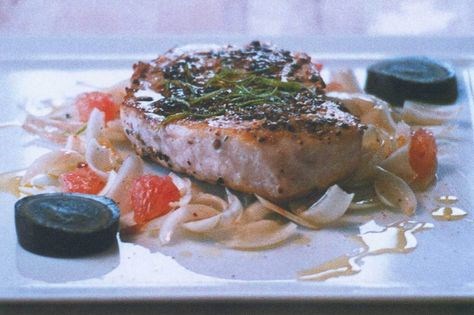 Swordfish steak au poivre with lily bulb and pomelo salad