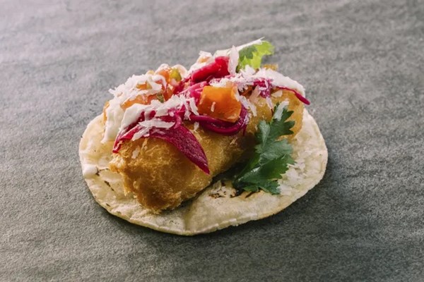 Swordfish tacos with crema & red cabbage slaw