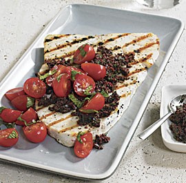 Swordfish with black olive and mint tapenade