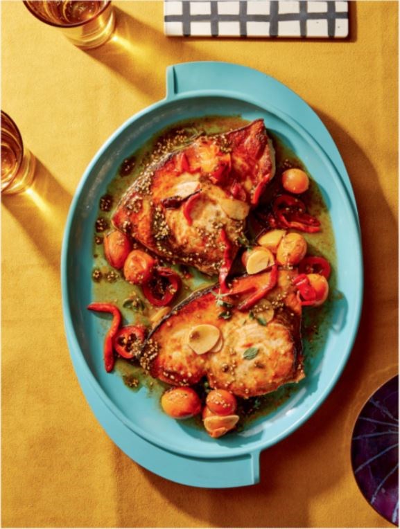 Swordfish with burst tomatoes, peppers, and za’atar and preserved lemon