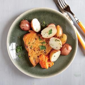 Swordfish with red pepper sauce and potatoes