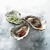 Sydney rock oysters with cucumber and chive vinaigrette - sauce mignonette - soy mirin pearls