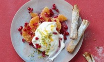 Syllabub with clementines, pomegranate and filo cigars