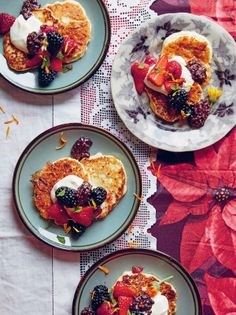 Syrniki pancakes with summer berry salad & chocolate buckwheat