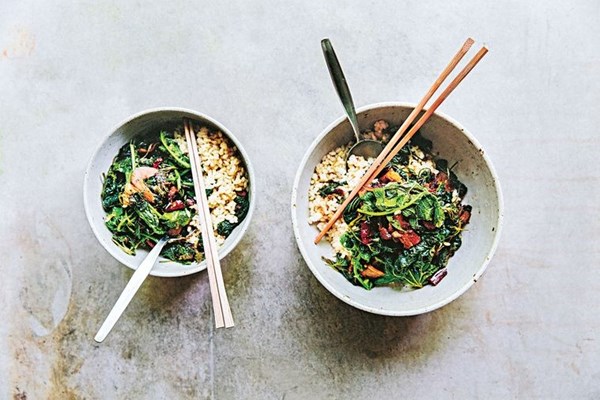 Szechuan rice bowls with wild greens