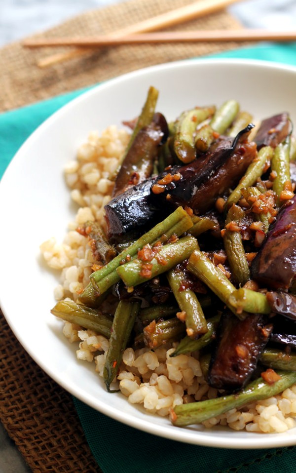 Szechuan spicy garlic eggplant and string bean stir-fry