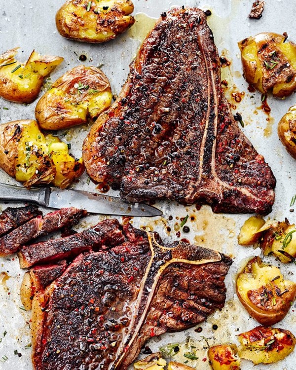 T-bone steak with coffee rub and rosemary potatoes 