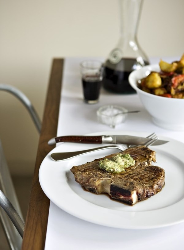 T-bone steaks with caper, anchovy and parsley butter