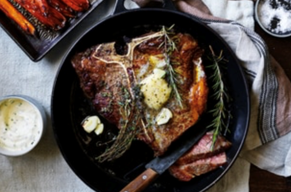 T-bone with honey-roasted carrots and horseradish cream