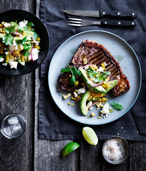 T-bones with pickled chilli, corn and avocado