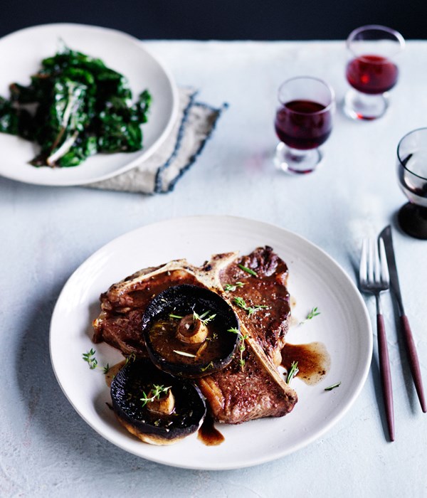 T-bones with roast mushrooms, red wine and rosemary
