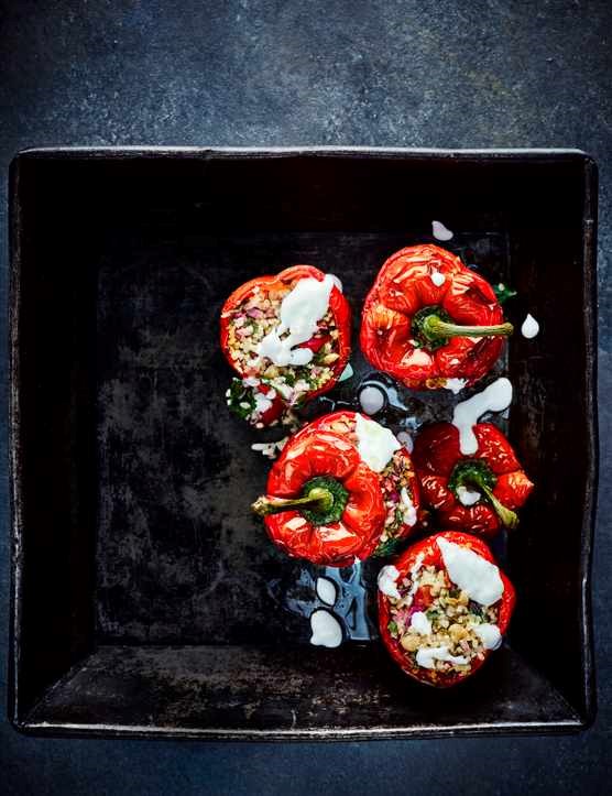 Tabbouleh-stuffed peppers with feta dressing