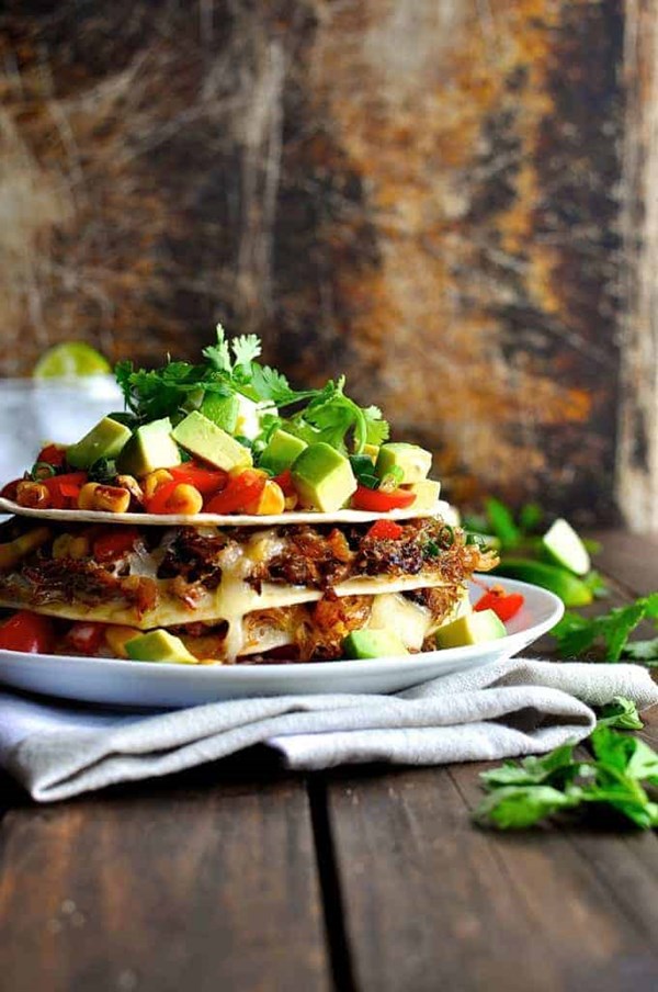 Taco stack with pork carnitas or chicken