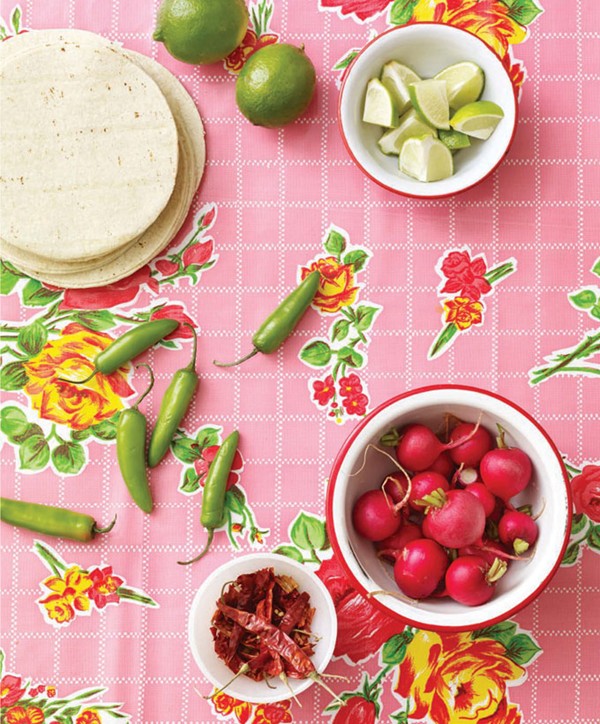 Tacos de cerdo en salsa roja with avocado-radish relish and yellow rice