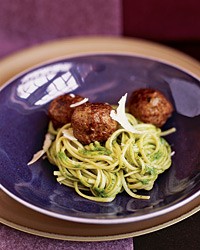 Tagliarini with almond-arugula pesto and meatballs