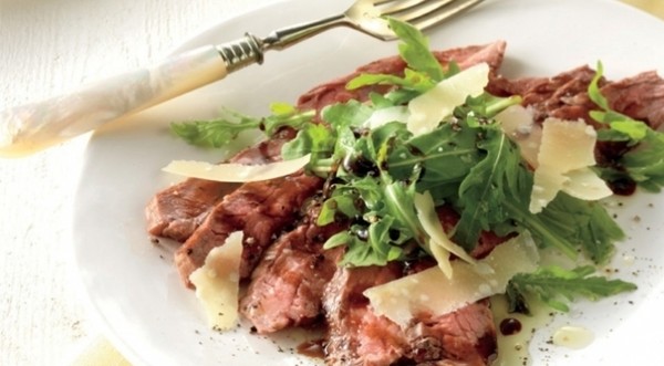 Tagliata of flank steak with arugula and shaved Parmesan 