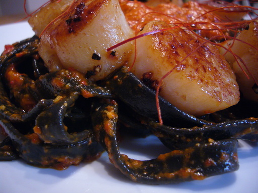 Tagliatelle nero di seppia with roasted red pepper pesto & scallops