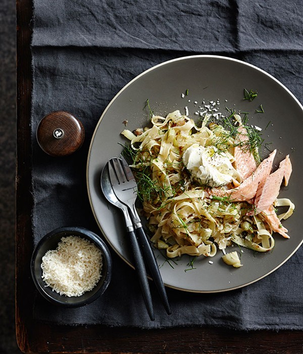 Tagliatelle with caramelised fennel, smoked trout and crème fraîche 