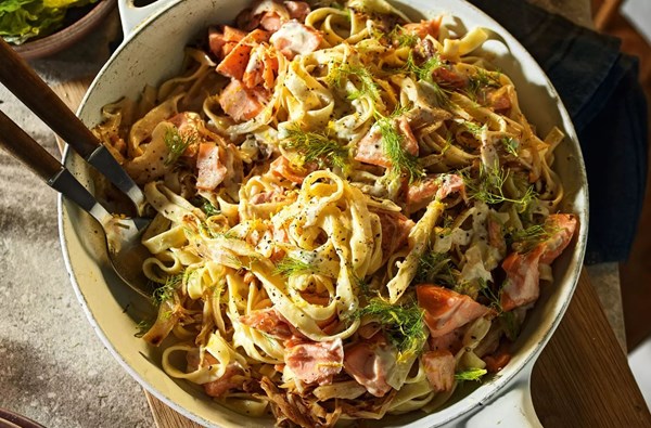 Tagliatelle with fennel, hot smoked salmon & crème fraîche
