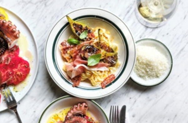 Tagliatelle with figs, basil, prosciutto and aged balsamic