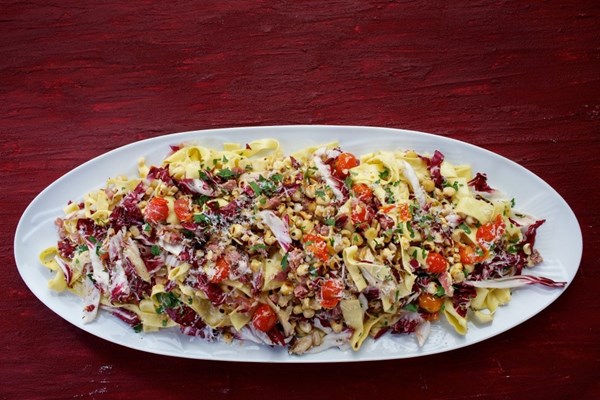 Tagliatelle with hazelnuts, salami and radicchio