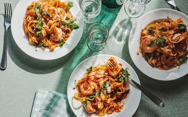 Tagliatelle with 'nduja, prawns, lemon and fried crumbs