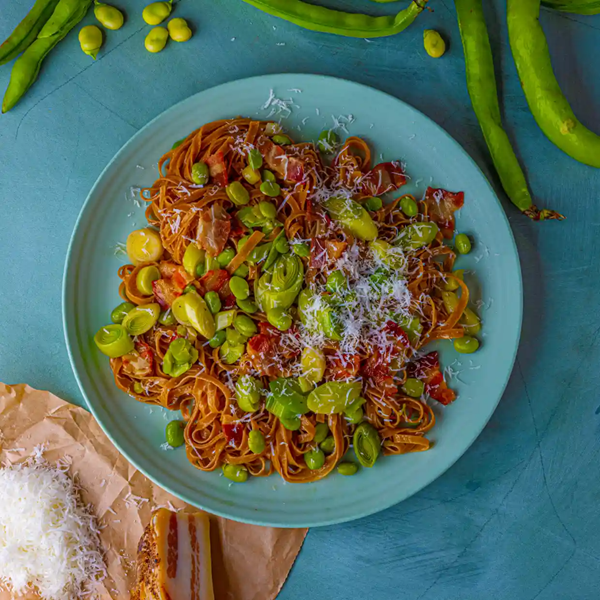 Tagliatelle with new broad beans