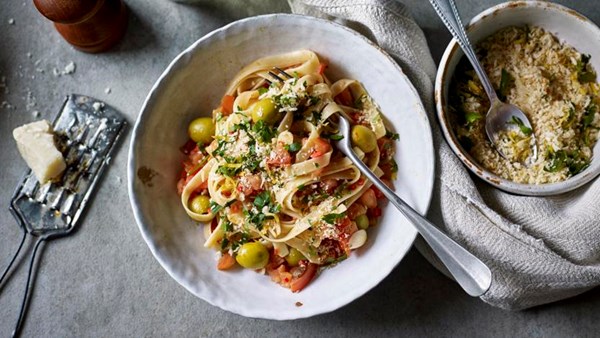 Tagliatelle with olives and pangrattato