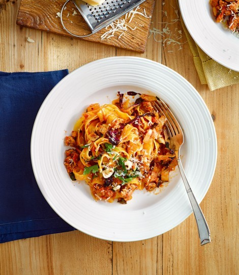 Tagliatelle with sausage ragù, radicchio & hazelnuts