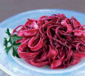 Tagliatelle with shredded beets, sour cream, and parsley