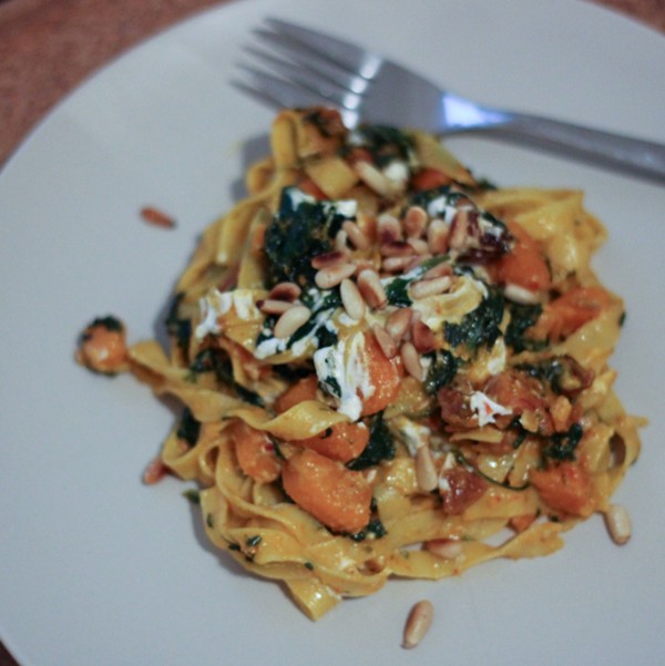 Tagliatelle with squash, spinach, goat’s cheese & pul biber