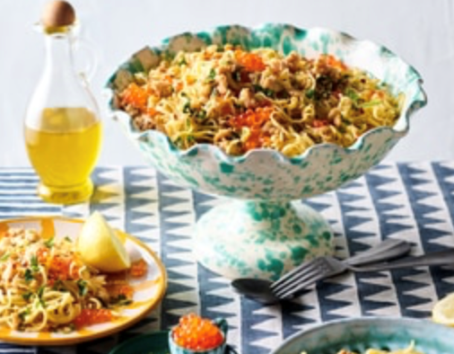 Taglierini with blue swimmer crab, chilli, garlic, salmon roe and chives