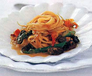 Taglierini with morels, asparagus, and nasturtiums
