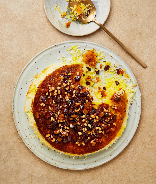 Tahdig with raisins and orange blossom