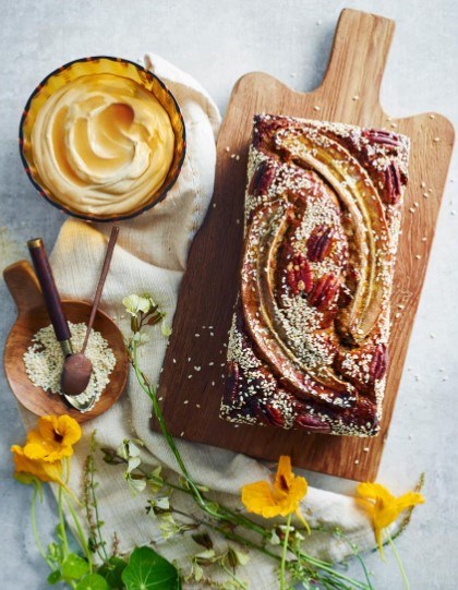 Tahini & maple banana bread with vanilla cashew cream 