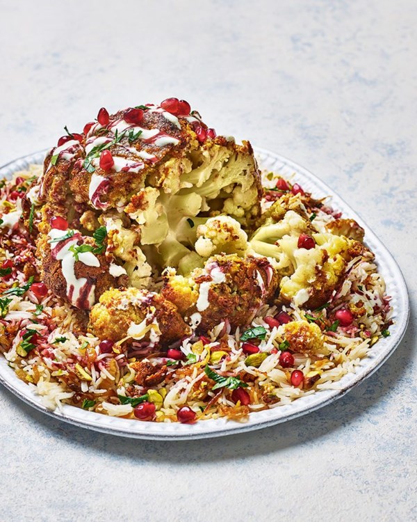 Tahini and honey-roast cauliflower with jewelled pilau