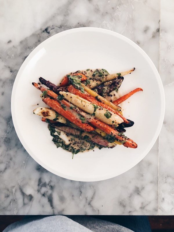 Tahini and mustard roasted carrots