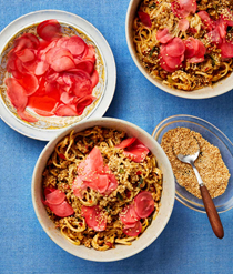 Tahini and soy mince noodles with radishes