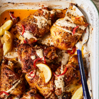 Tahini chicken traybake