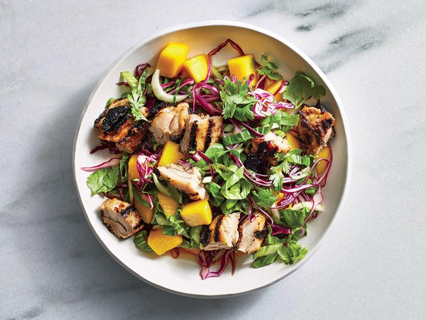 Tahini chicken with bok choy and mango salad