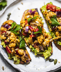 Tahini chickpea scramble on sweet potato toast