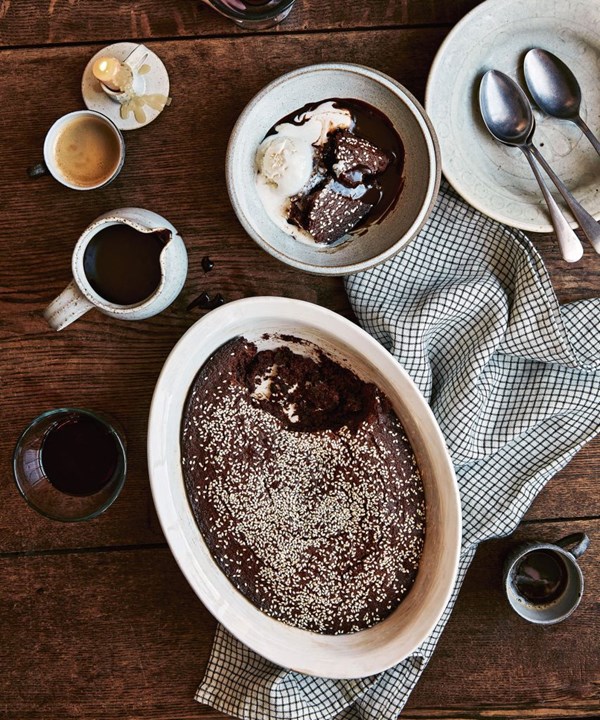 Tahini, date & chocolate pudding 