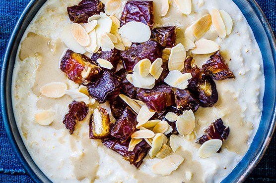 Tahini, date and toasted almond porridge pot