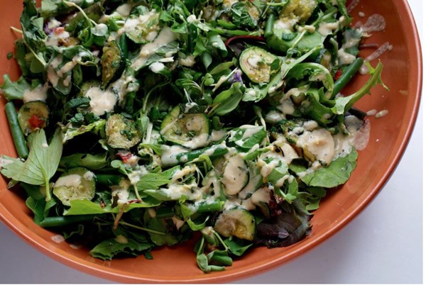 Tahini-dressed zucchini and green bean salad