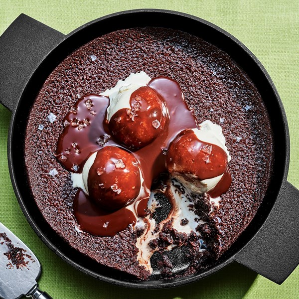 Tahini hot fudge skillet cake