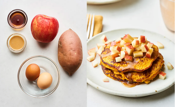 Tahini-maple sweet potato pancakes